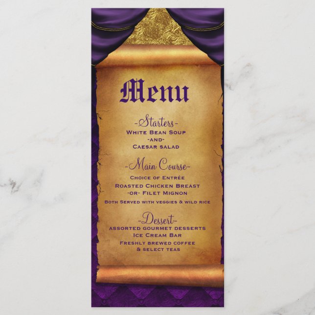 Royal Lila Gold Drapes Scroll Wedding Menu Menükarte (Vorderseite)