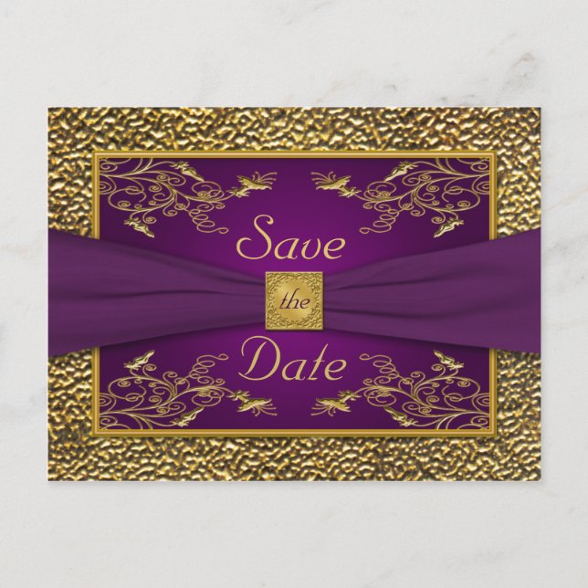 Royal Lila, Gold Floral Save the Date Postkarte (Vorderseite)