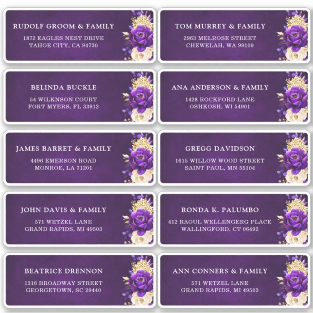 Royal Lila Gold Floral Wedding Guest Address Aufkleber (Vorderseite)