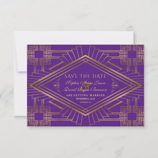 Royal Lila Gold Great Gatsby Wedding Save The Date (Vorderseite)