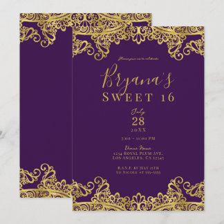 Royal Lila & Gold Lace Elegant Sweet 16 Party Einladung
