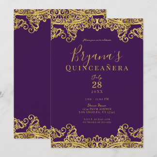 Royal Lila Gold Lace Elegantes Quinceñera Party Einladung