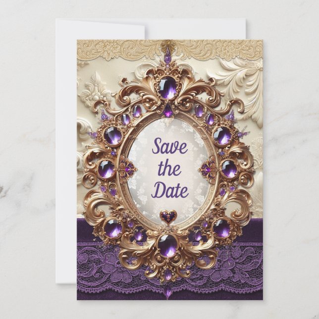 Royal Lila & Gold Save the Date Card Einladung (Vorderseite)
