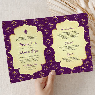Royal Lila Gold Verziert Anand Karaj Sikh Wedding Einladung