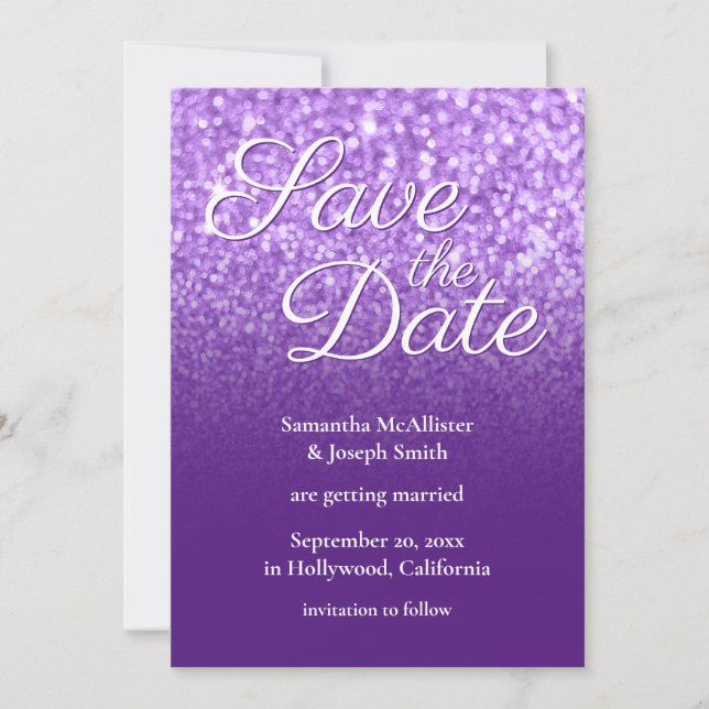 Royal Lila Ombre Glitzer Save the Date Einladung (Vorderseite)