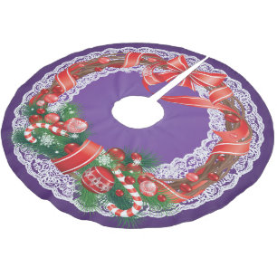 Royal Lila Ombre und Lace mit Weihnachtskranz Polyester Weihnachtsbaumdecke