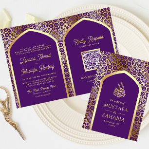 Royal Lila Persian Arch QR Code Muslim Wedding Einladung