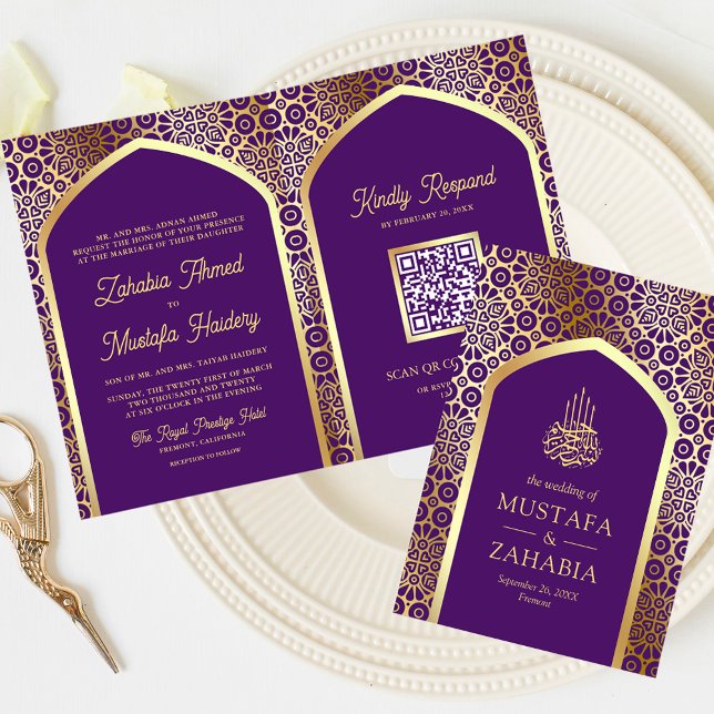 Royal Lila Persian Arch QR Code Muslim Wedding Einladung (Von Creator hochgeladen)