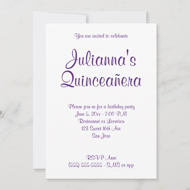 Royal Lila Quinceañera Calligraphy Geburtstag Einladung (Vorderseite)
