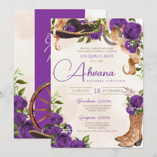Royal Lila Quinceanera Rose Charro Western Einladung