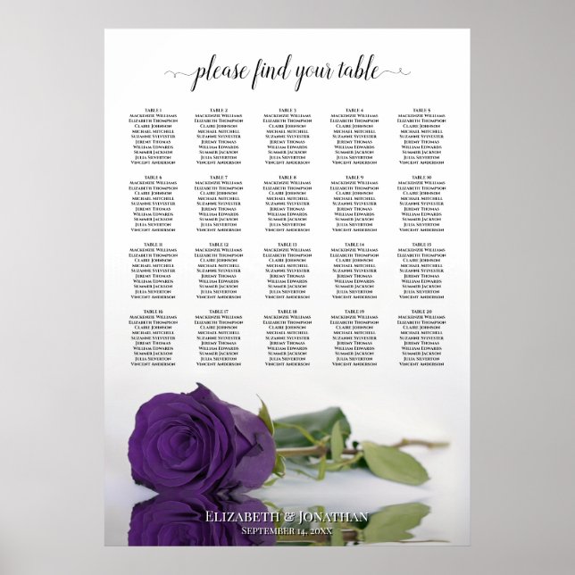 Royal Lila Rose 20 Table Wedding Seating Chart Poster (Vorne)