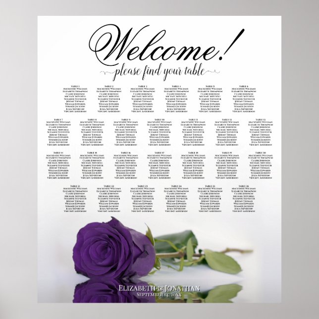 Royal Lila Rose 26 Table Wedding Seating Chart Poster (Vorne)