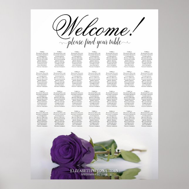 Royal Lila Rose 28 Table Wedding Seating Chart Poster (Vorne)