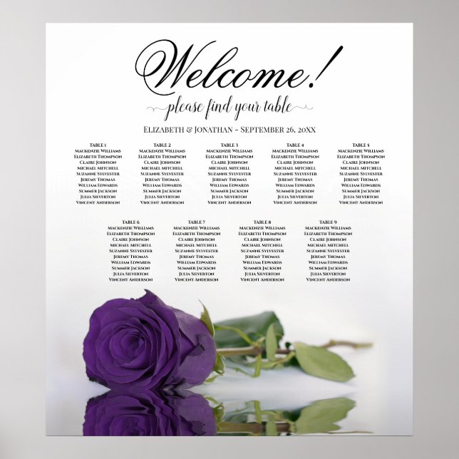 Royal Lila Rose 9 Tabelle Hochzeitskarte Poster (Vorne)