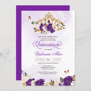 Royal Lila Rose Butterfly Gold Tiara Quince Einladung