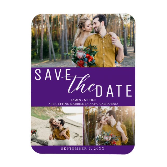 Royal Lila Save the Date Hochzeit 3 Fotos Magnet (Vertikal)