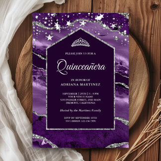 Royal Lila Silver Agate Marble Arch Quinceanera Einladung