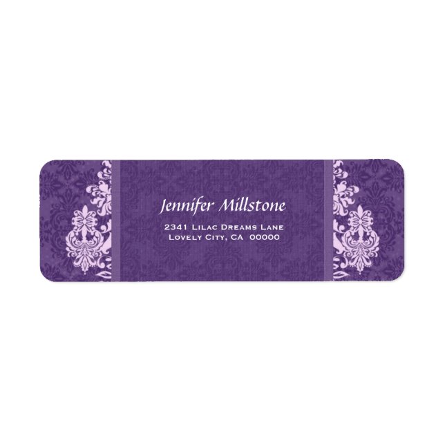 ROYAL LILA Swirl Damask Wedding Address Label (Vorne)