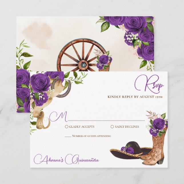 Royal Lila Violet Charro Western Quinceanera RSVP Karte (Vorne/Hinten)