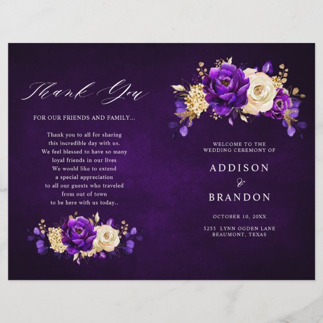Royal Lila Violet Gold Botanical Wedding Program (Vorderseite)