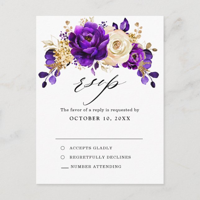 Royal Lila Violet Gold Botanical Wedding RSVP Postkarte (Vorderseite)