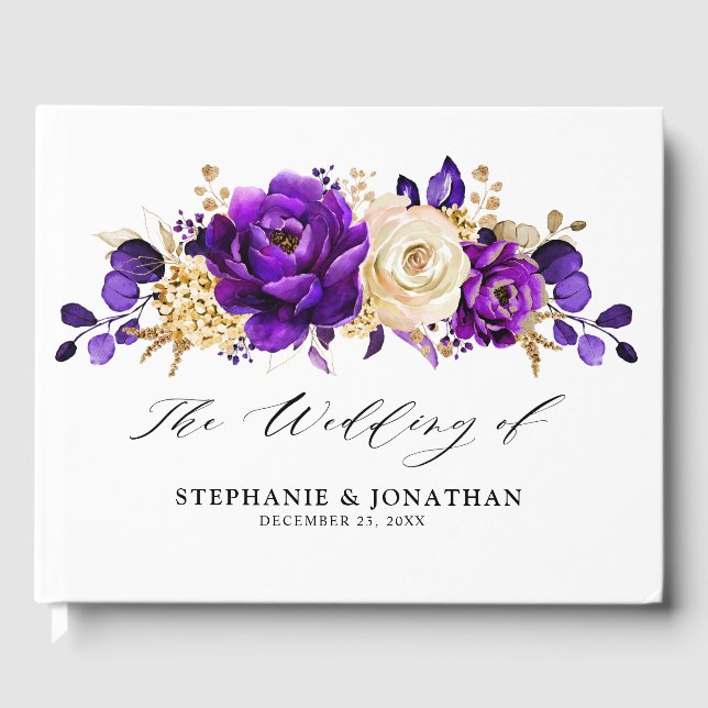 Royal Lila Violet Gold Floral Botanische Hochzeit Gästebuch (Vorderseite)
