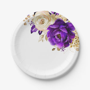 Royal Lila Violet Gold Floral Botanische Hochzeit Pappteller