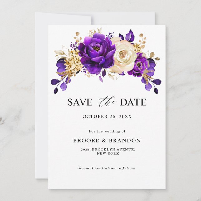 Royal Lila Violet Gold Floral Botanische Hochzeit Save The Date (Vorderseite)