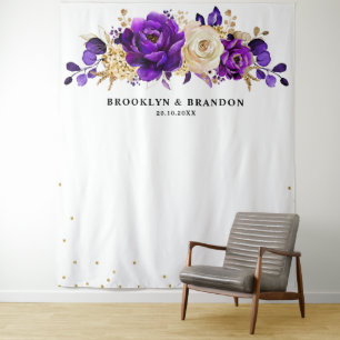 Royal Lila Violet Gold Floral Botanische Hochzeit Wandteppich