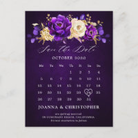 Royal Lila Violet Gold Floral Save the Date Post