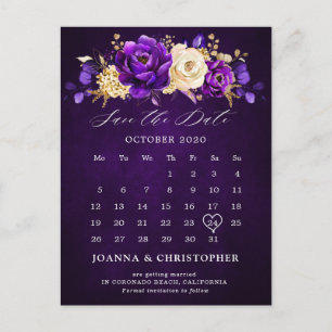 Royal Lila Violet Gold Floral Save the Date Post Postkarte
