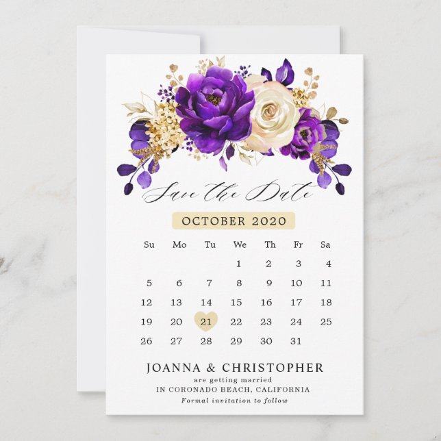 Royal Lila Violet Gold Kalender Save the Date (Vorderseite)