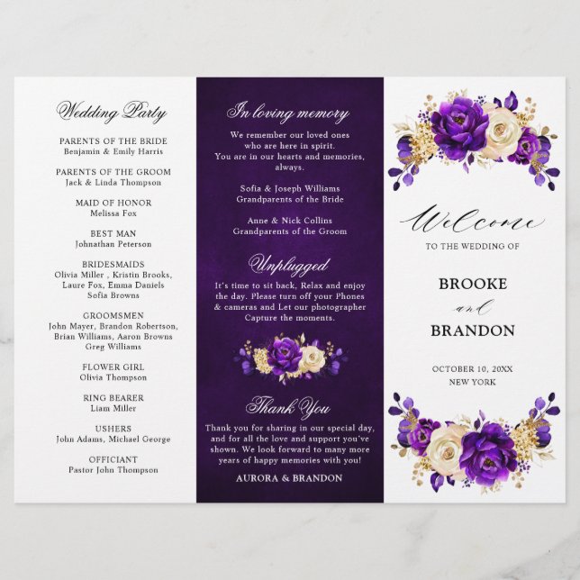 Royal Lila Violet Gold Wedding Dreifachprogramm (Vorderseite)