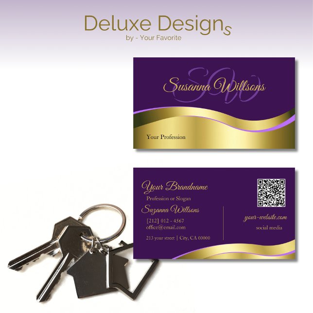 Royal Lila Wavy Gold Dekoration mit QR Code für In Visitenkarte (Von Creator hochgeladen)