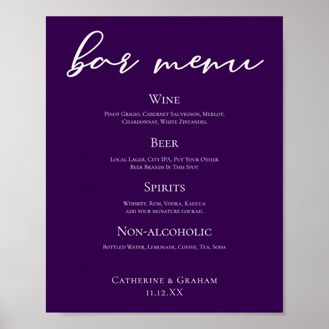 Royal Lila White Typografy Wedding Bar Menu Poster (Vorne)