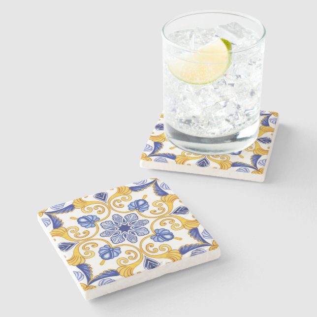 Royal Lisbon Scrollwork  Elegant Portuguese Blue  Steinuntersetzer (Seitenansicht)