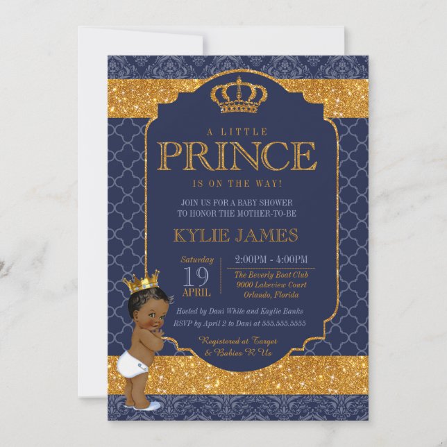 Royal Little Prince Navy Blue Gold Baby Dusche Einladung (Vorderseite)