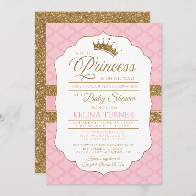 Royal Little Princess Pink Baby Dusche Einladung (Vorne/Hinten)