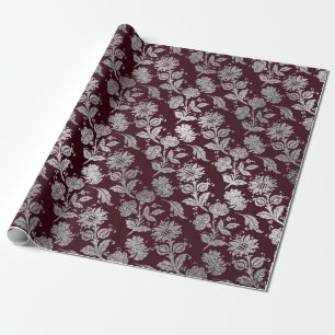 Royal Maroon Burgundy Floral Silver Rose Shiny Geschenkpapier