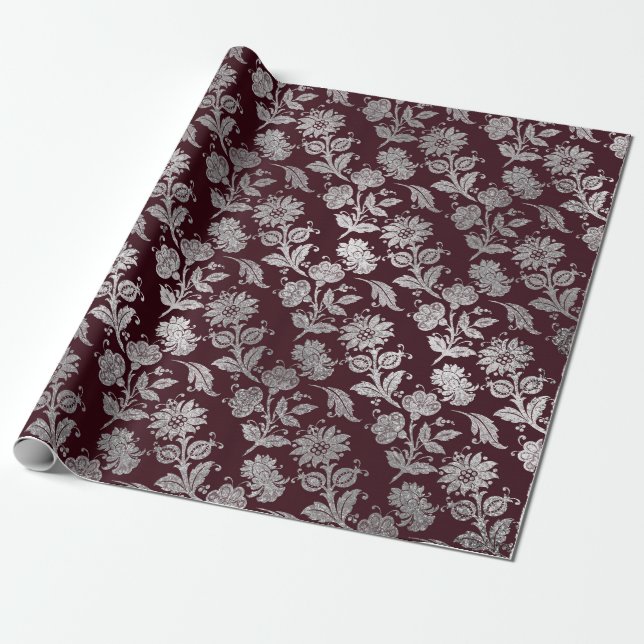 Royal Maroon Burgundy Floral Silver Rose Shiny Geschenkpapier (Ungerollt)