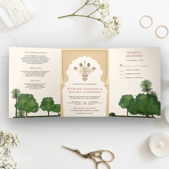 Royal Mughal Theme Garden Indian Style Wedding Dreifach Gefaltete Einladung (Von Creator hochgeladen)