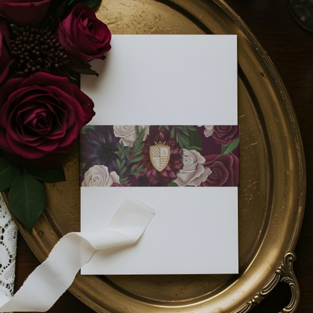 Royal Muse Medieval Fantasy Wappen & Floral Weddin Einladungsbanderole (Royal Muse Medieval Fantasy Crest & Floral Wedding Invitation Belly Band)