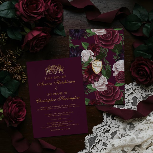 Royal Muse Mittelalterliche Fantasy Pflaumenhochze Einladung (Royal Muse Medieval Fantasy Plum Floral Wedding Invitation)