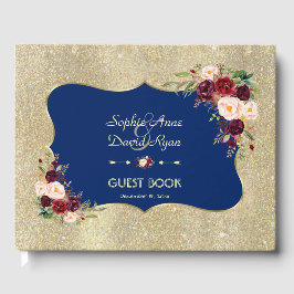 Royal Navy Blue Blush Floral Gold Wedding RSVP Gästebuch