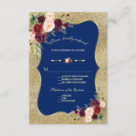 Royal Navy Blue Blush Floral Gold Wedding RSVP Karte