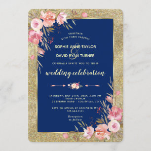 Royal Navy Blue Blush Peonies Gold Wedding Einladung