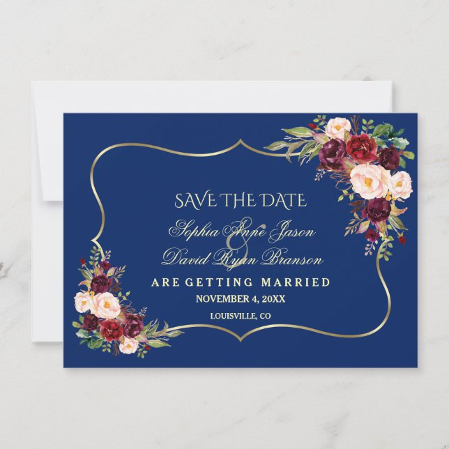 Royal Navy Blue Burgundy Floral Gold Save the Date (Vorderseite)