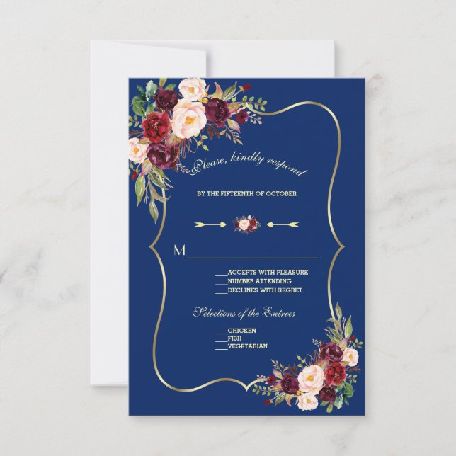 Royal Navy Blue Burgundy Floral Gold Wedding RSVP Karte (Vorderseite)