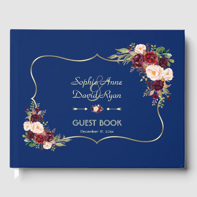 Royal Navy Blue Burgundy Floral Wedding Gästebuch (Vorderseite)