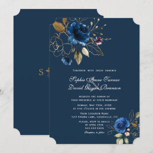 Royal Navy Blue Gold Blume Hochzeit Einladung